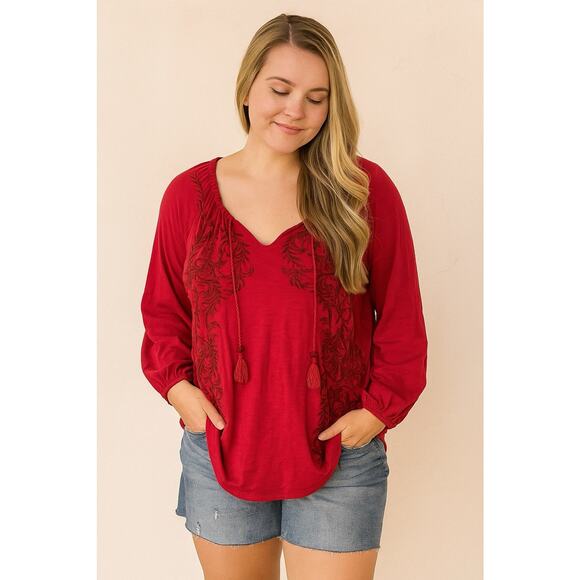6 for $20 Lucky Brand Sante Fe Boho Black Peasant Flowy Embroidered Blouse, L - Picture 1 of 5